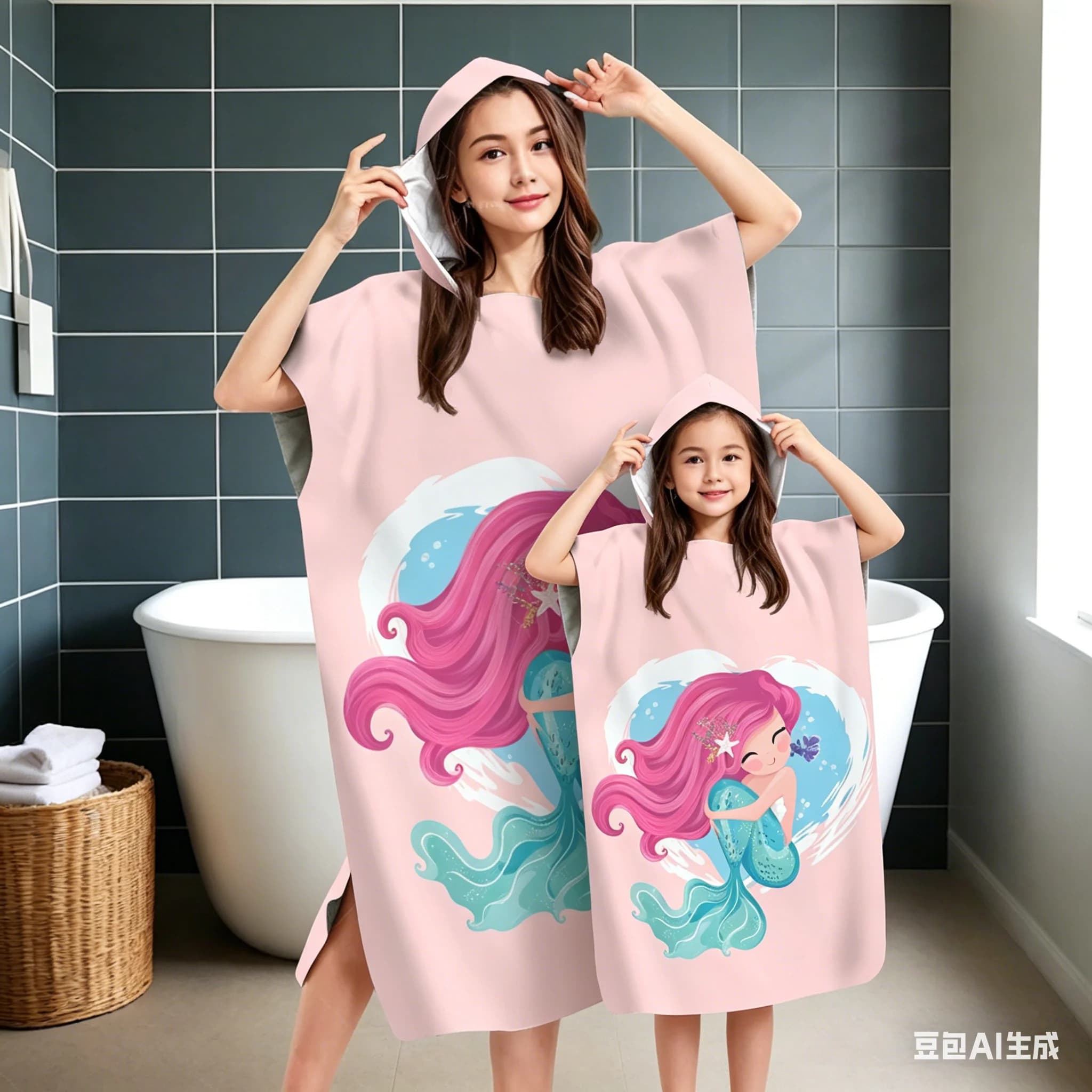 Accappatoio con Cappuccio a Tema Sirena Rosa per Genitore-Figlio, Asciugamano Indossabile ad Asciugatura Rapida per Spiaggia e Piscina