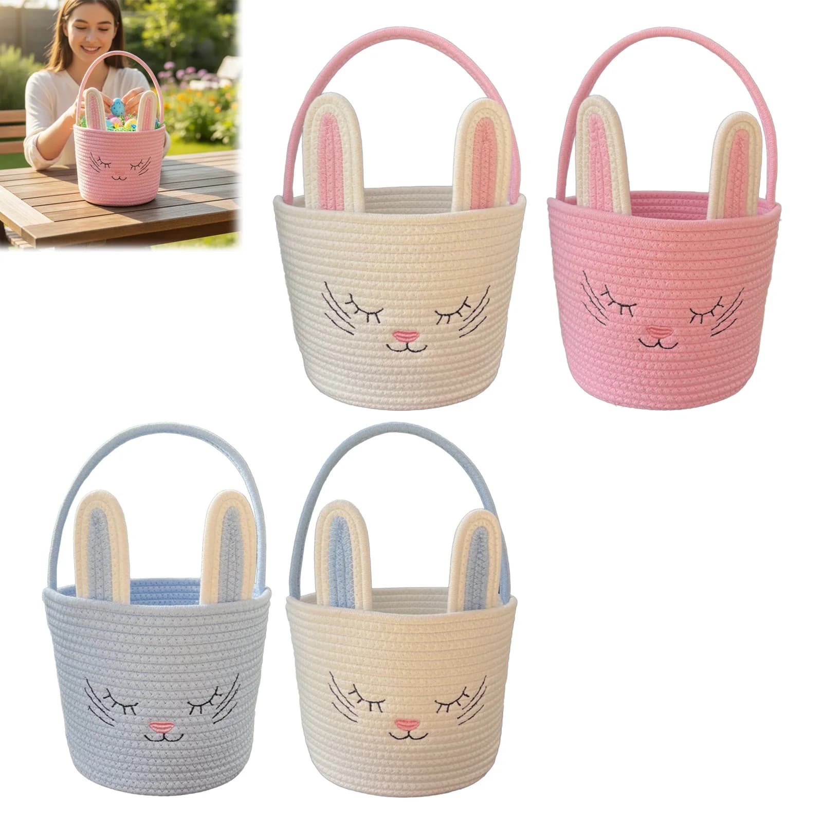 Easter Gift Basket Cotton Rope Basket for Eggs and Candy Storage Bag Laundry Clothes Storage Bin Kids Toys Organizer Holder