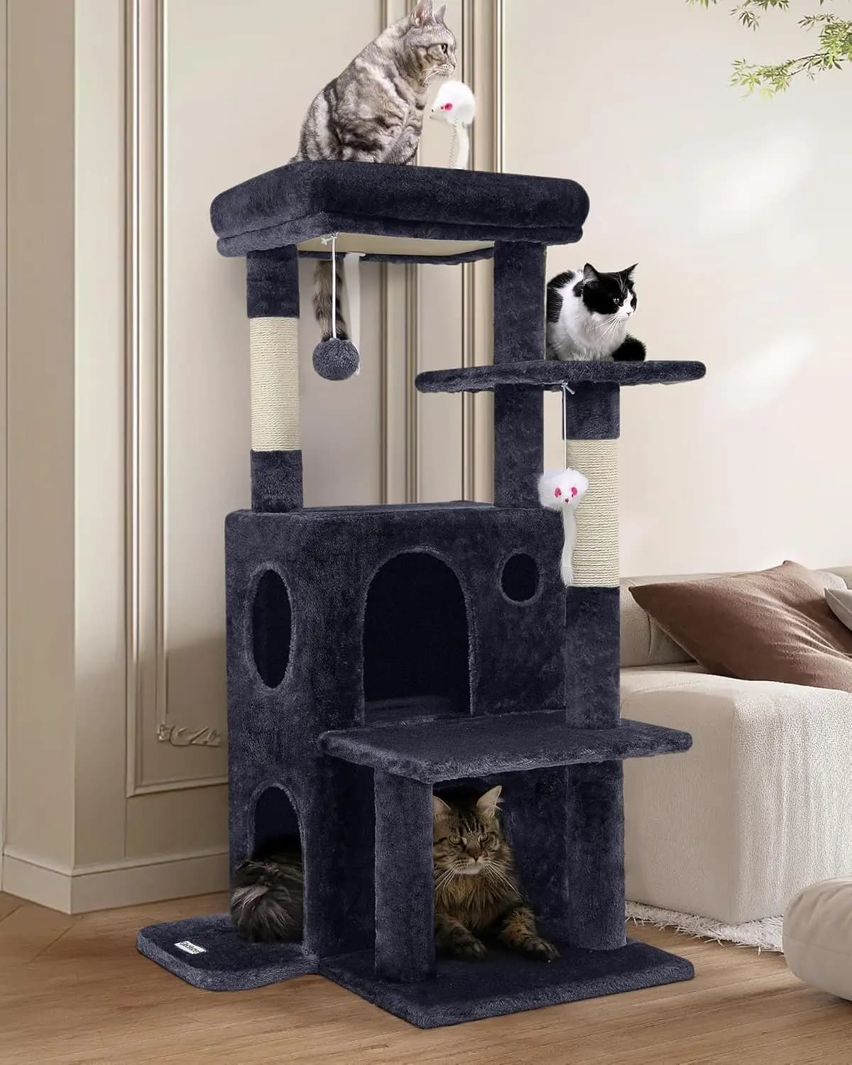 Torre per albero per gatti da interno da 50 pollici con gradini, tiragraffi, 2 grotte, giocattoli per gatti di grandi dimensioni, grigio scuro