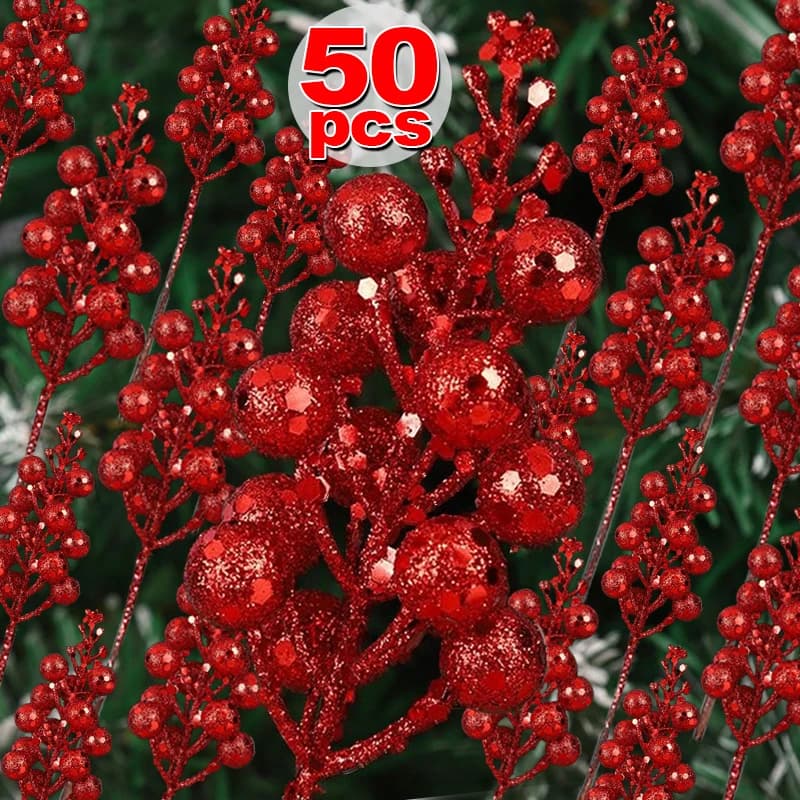 Glitter artificiali bacche rosse natale fiori finti piante polvere d'oro rami di bacche di agrifoglio ornamento per feste di capodanno decorazioni per la casa