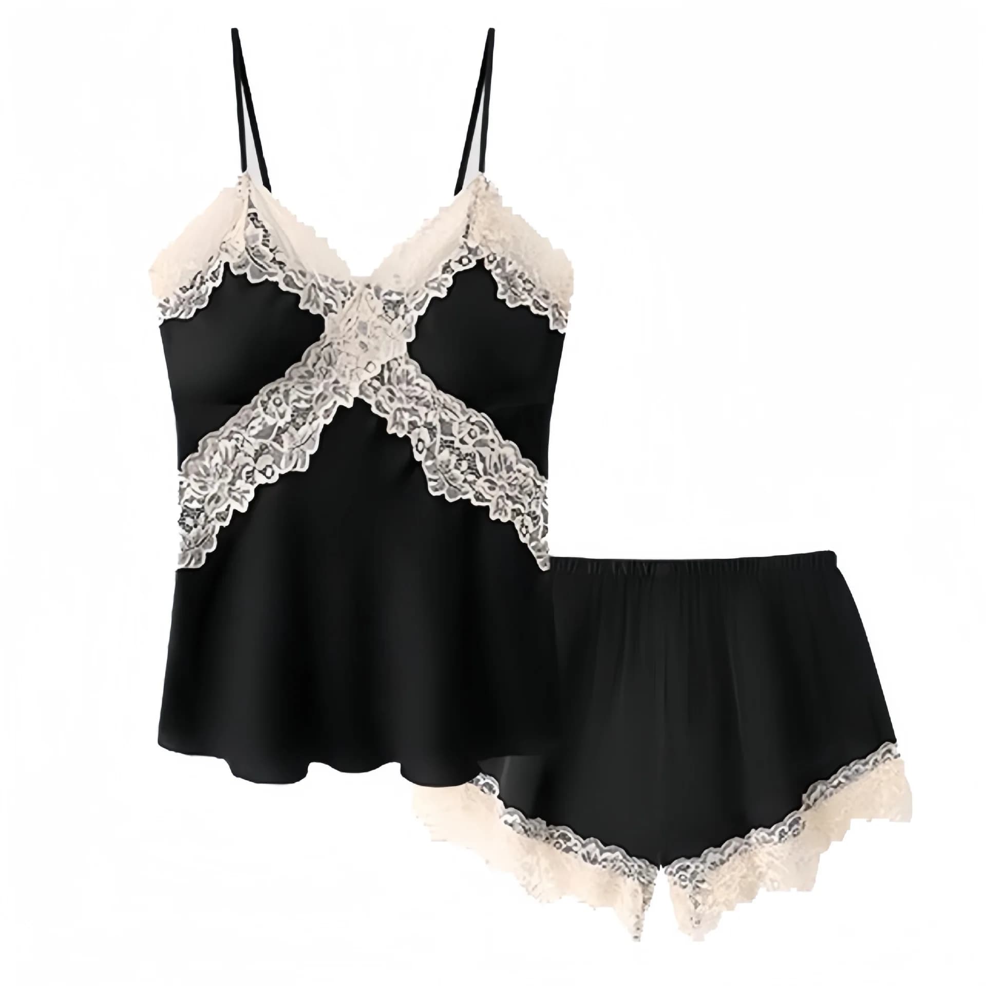 Set pigiama da donna con finiture in pizzo, top sexy e pantaloncini, abbigliamento da notte, set due pezzi, abbigliamento per la casa, abbigliamento da notte, nero, taglia plus
