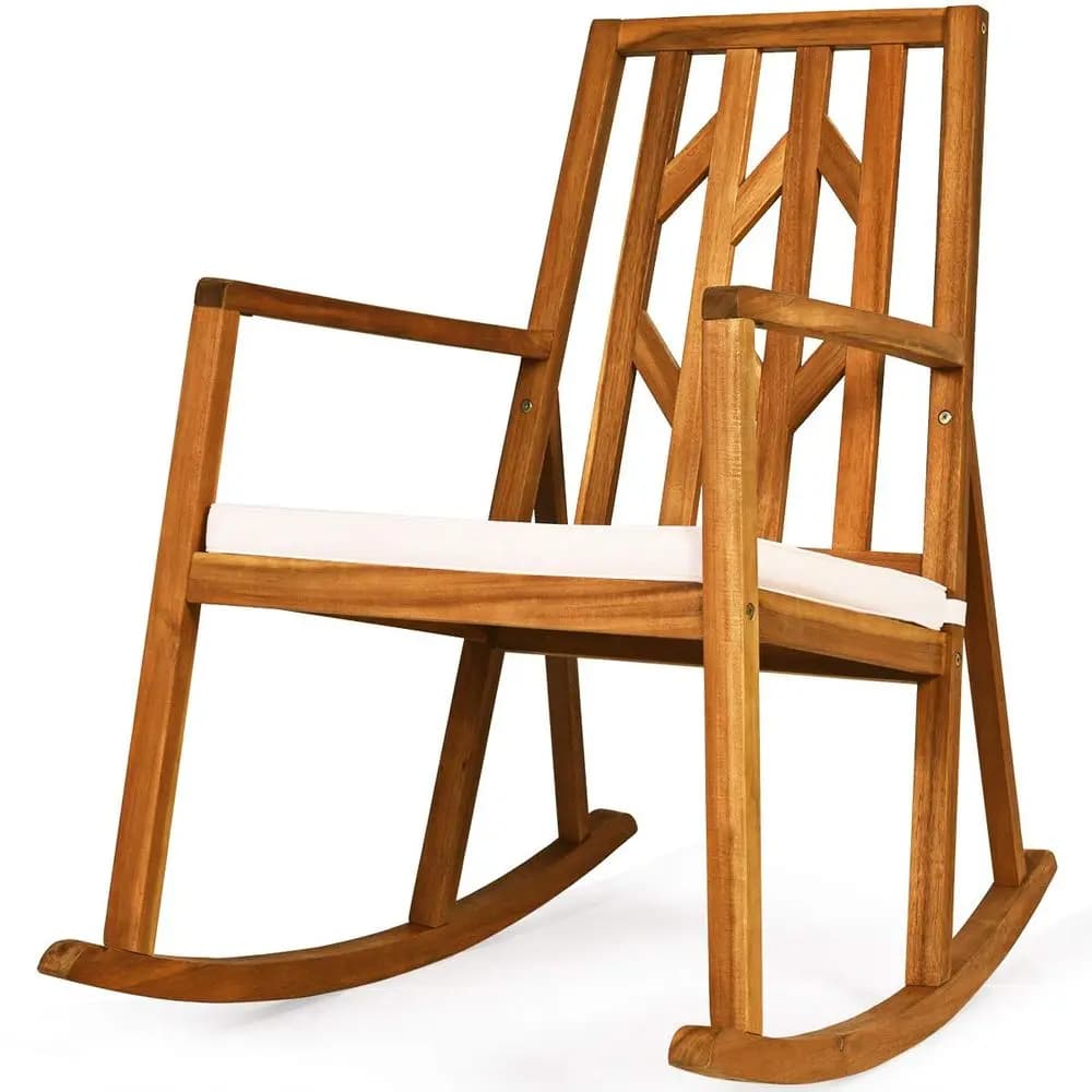 Sedia a dondolo in legno per esterni, poltrona a dondolo da patio oversize con schienale alto, braccioli lunghi, cuscino morbido rimovibile, sedia a dondolo da portico