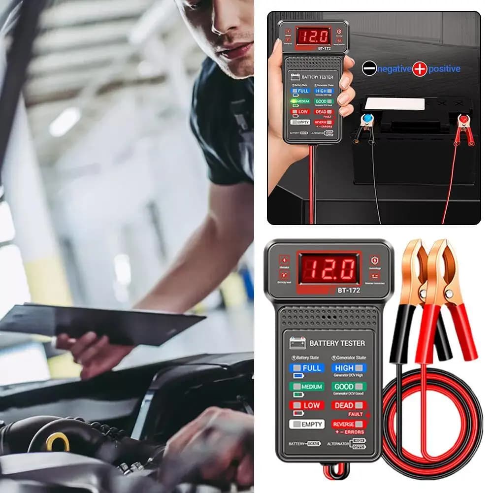 12V Auto Battery Voltage Tester with Digital Display, Status Indicator, Alternator Charging System Analyzer, Diagnostic and Repair Tool, 1 Piece