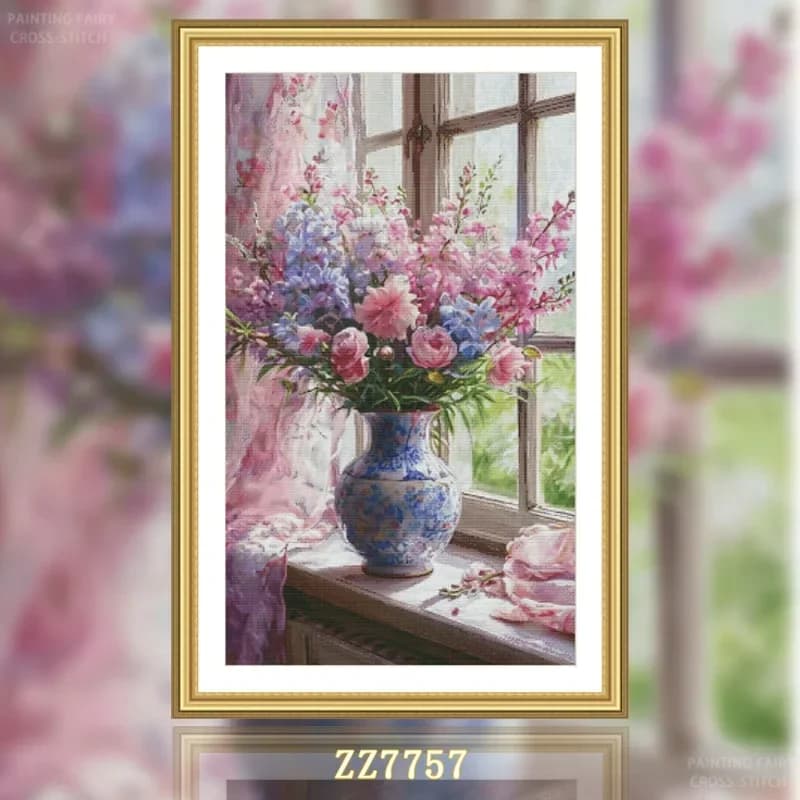[ZZ7757-Window Fendai] Stamped Cross Stitch Kit 14CT 16CT Pre Printed Canvas Cotton Thread Embroidery Needlework Home Wall Decor