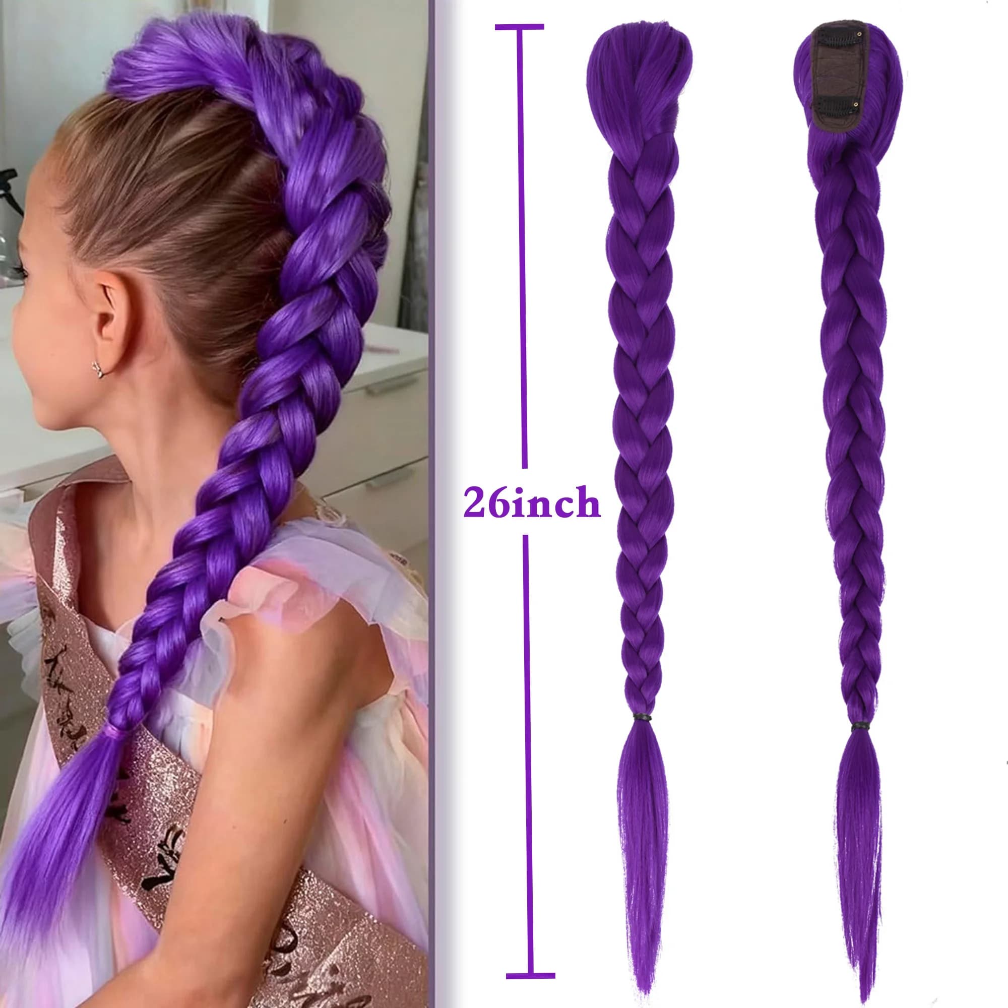 Extension per capelli a coda di cavallo viola con clip, lunga, sintetica, per cosplay, per bambine, Halloween, Natale