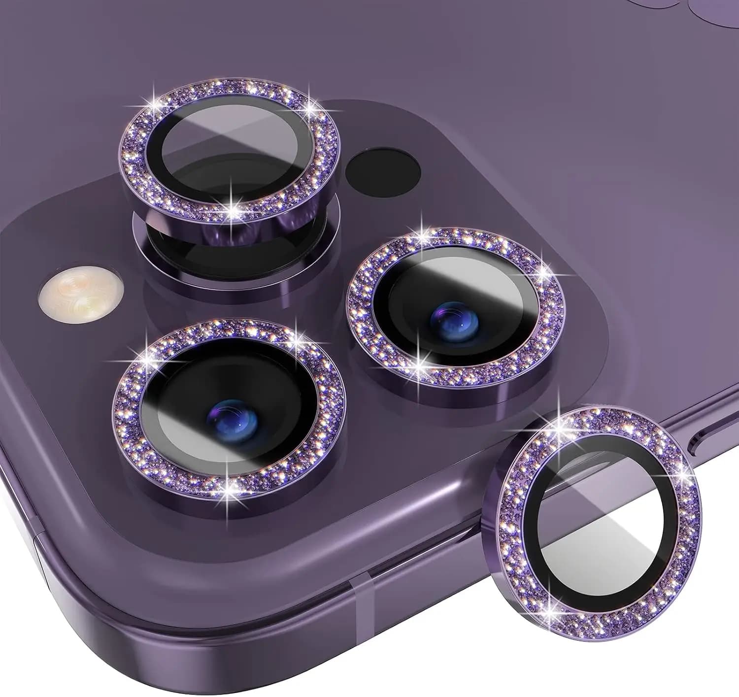 Set Protezione Lente Fotocamera Viola Glitterata Bling per iPhone 17 16 15 14 13 Pro Max, Vetro Temperato 9H Anti-Graffio