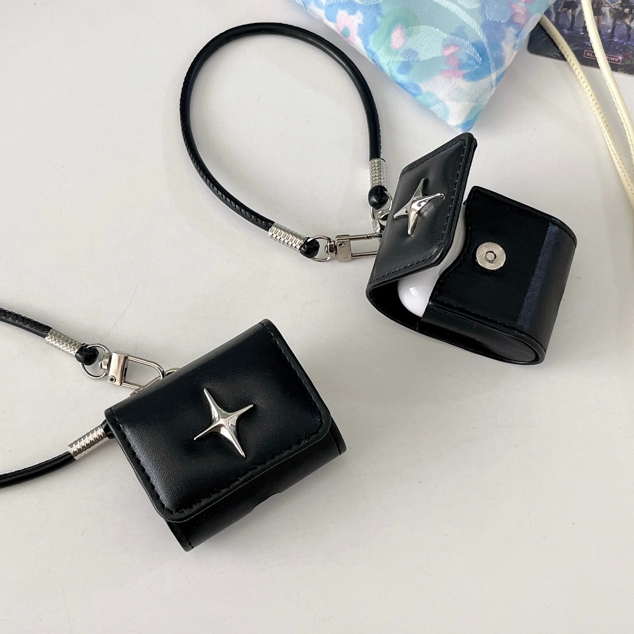 Stylish North Star eco-leather protective case in luxury metal for AirPods 1 2 3 4 Pro 2 Pro 3 with cord