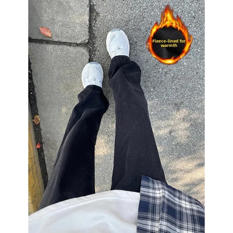 Men's Fce Lined Jeans Straight Leg Bootcut Denim Pants mid Waist Long Trousers Autumn Winter Faion Trendy American Vibe