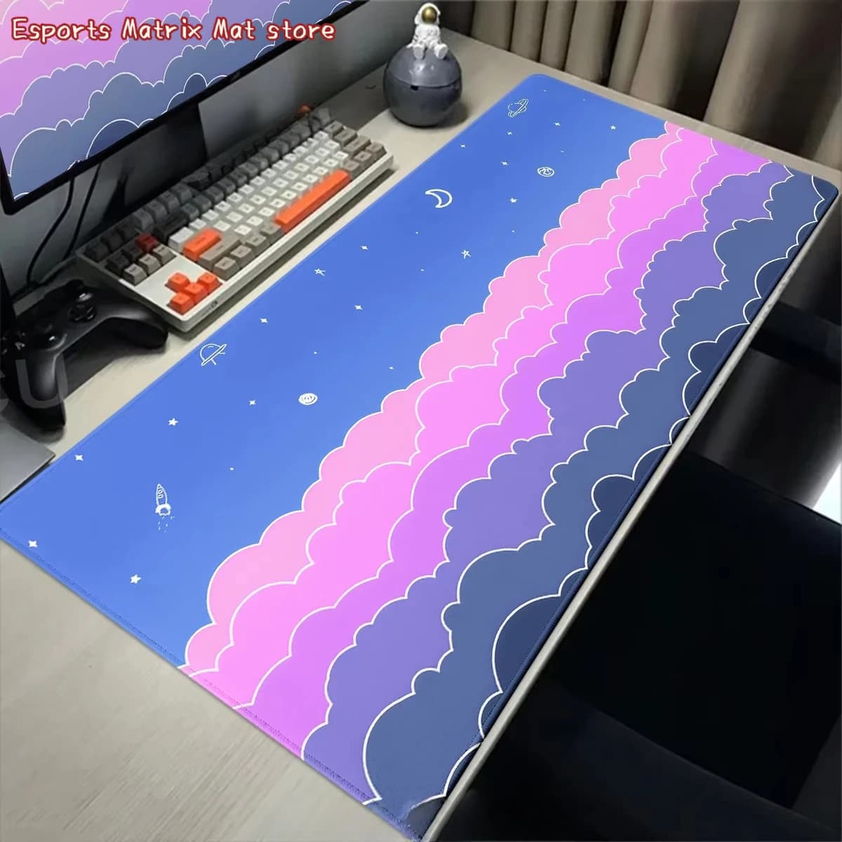 Tappetino per Mouse Esteso con Nuvole Rosa Viola e Design di Stelle e Luna per Gamer