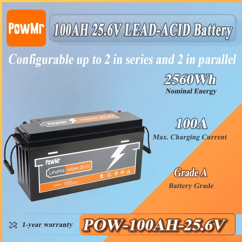 Batteria PowMr US 25.6V 100Ah LiFePO4 con BMS di grado A, 2.56kWh al litio, 6000 cicli, ricarica rapida 100A per campeggio, veicoli elettrici e sistemi domestici.