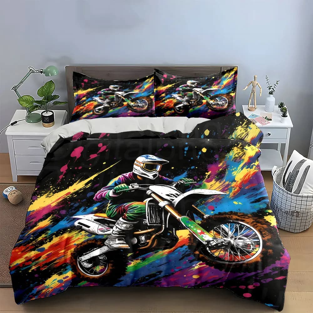 Set di biancheria da letto colorata con stampe artistiche di motocross, morbida e delicata sulla pelle, include 1 copripiumino e 2 federe, regalo