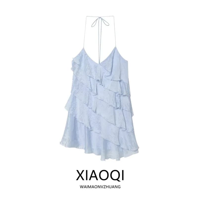 Summer 2026 New Women's V-Neck Layered Decorative Short Strap Dress Commute Style Casual Loose Fit No Sleeve City Daily Wear