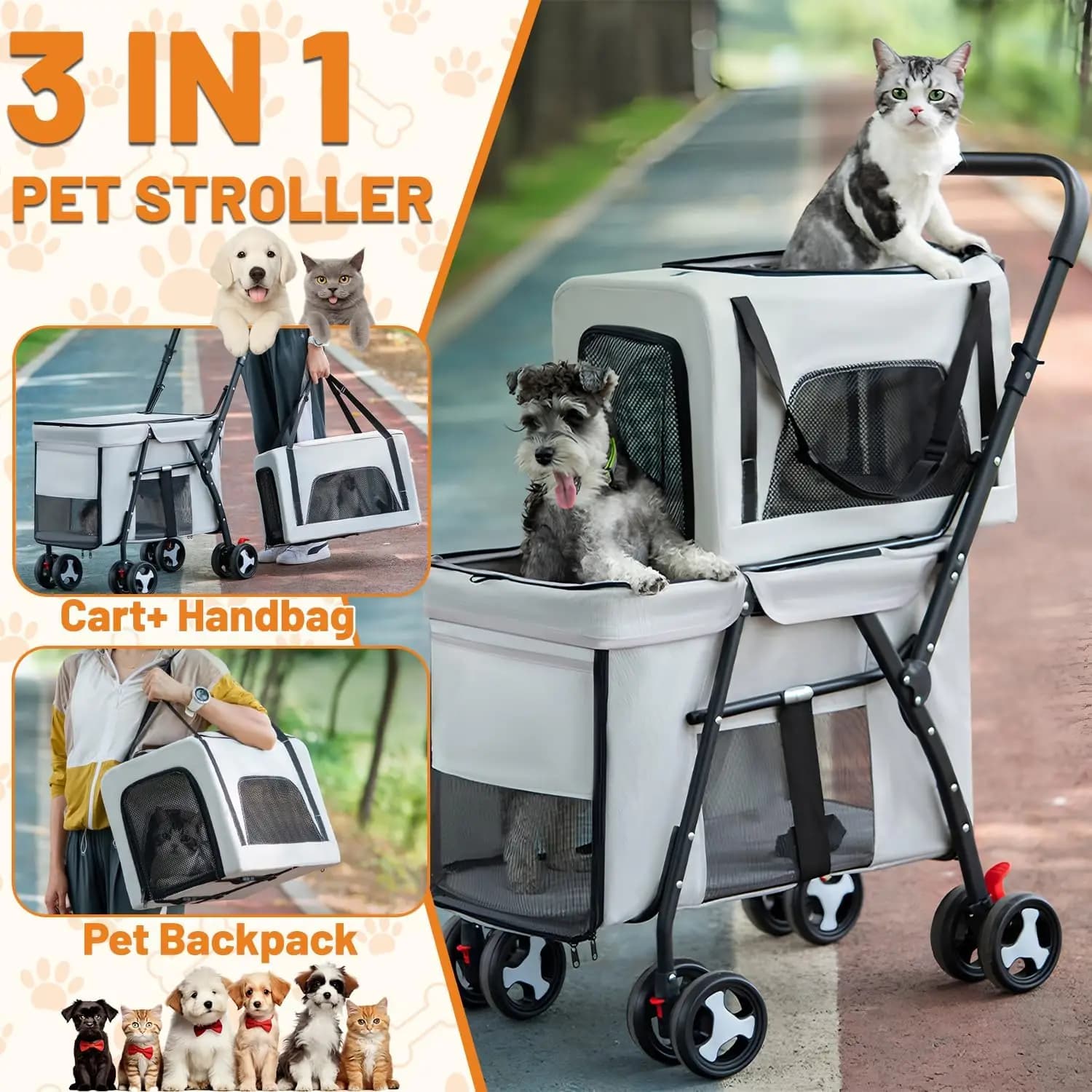 Passeggino Doppio per Cani e Gatti, Carrello Pieghevole Rapido con Trasportini Staccabili, Carrello da Passeggio per Animali Domestici