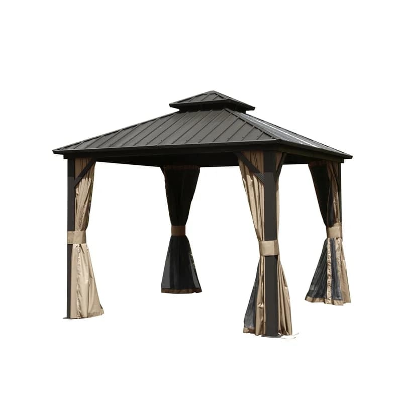 10' x 10' Aluminum Hardtop Gazebo with Double Roof, Canopy, Curtains, and Mesh Netting – Brown Outdoor Pavilion for Events, Weddings, Dining
