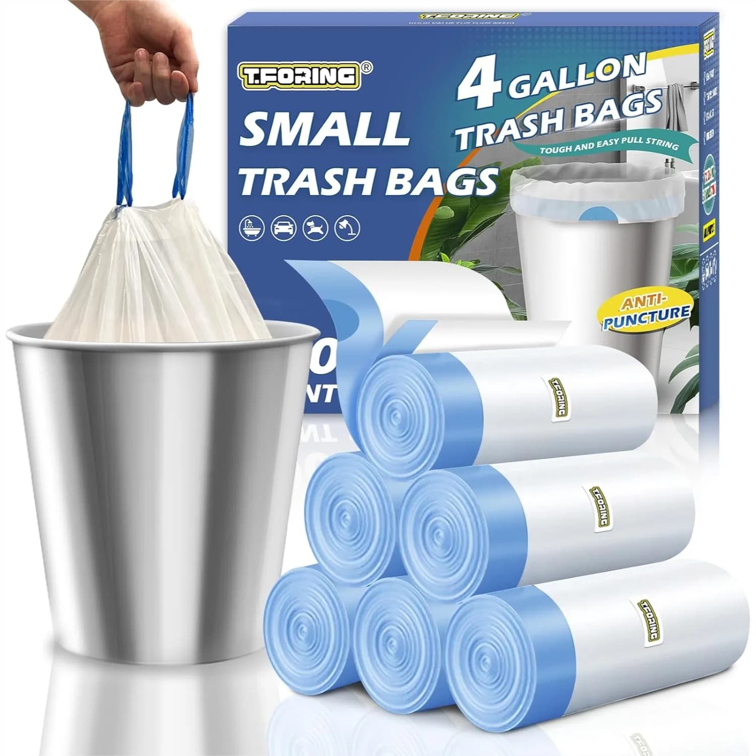 Sacchetti per la Spazzatura Piccoli da 4 Galloni con Cordoncino, Sacchi per Rifiuti in Plastica Bianchi Spessi da 1,1 Mil 15 Litri Senza Profumo per Bagno, Cestino
