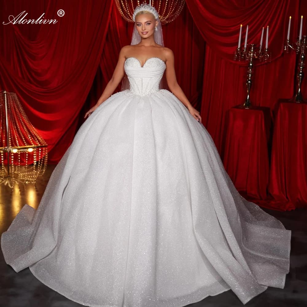 Alonlivn Abito da sposa personalizzato con pizzo lucido e perline di cristallo, abito da sposa con spalle scoperte, gonna da sposa stile principessa