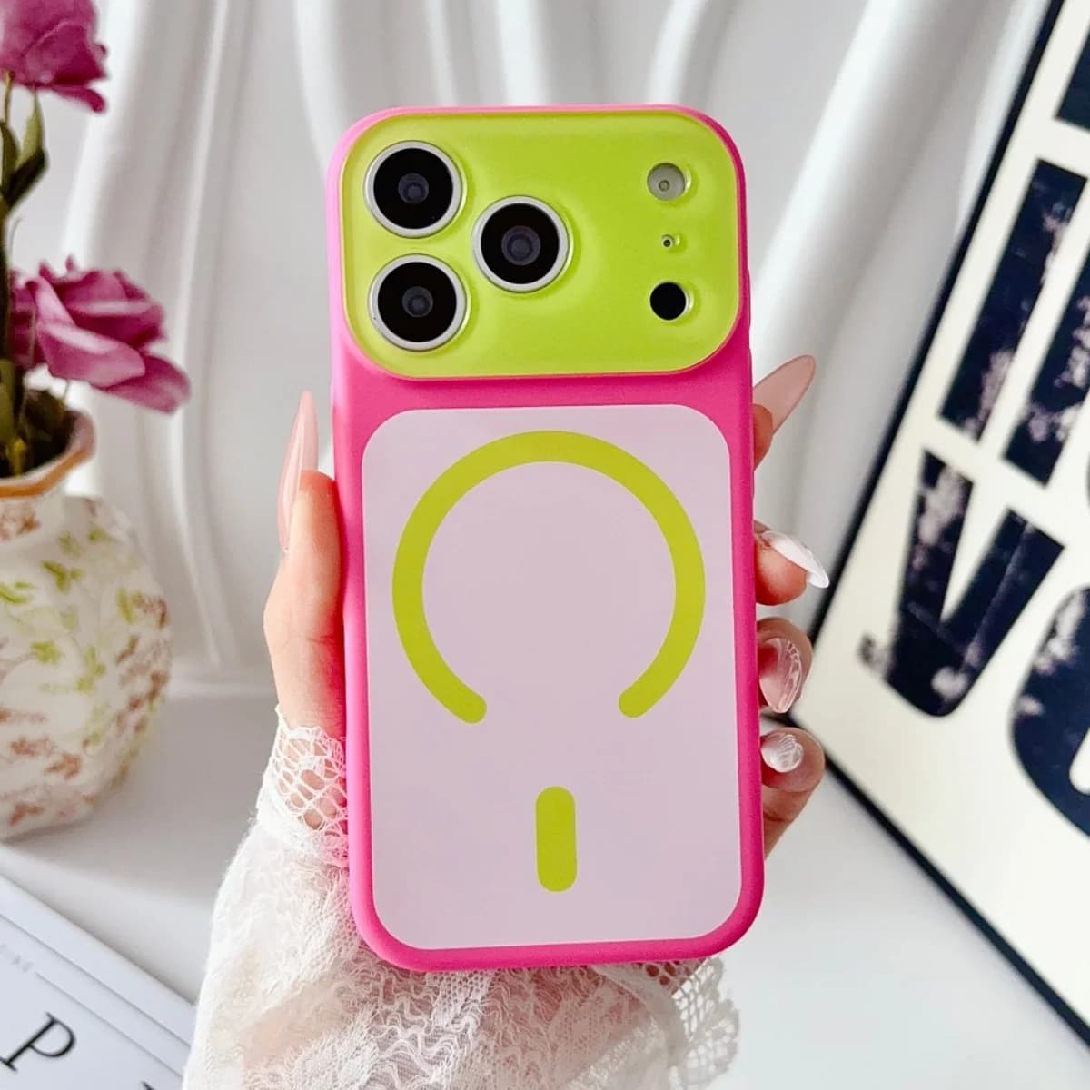 Candy Contrast Color Large Window Lens Protect For Magsafe Case For iPhone 17 Air 16 15 14 13 12 Pro Max Magnetic Charge Cover