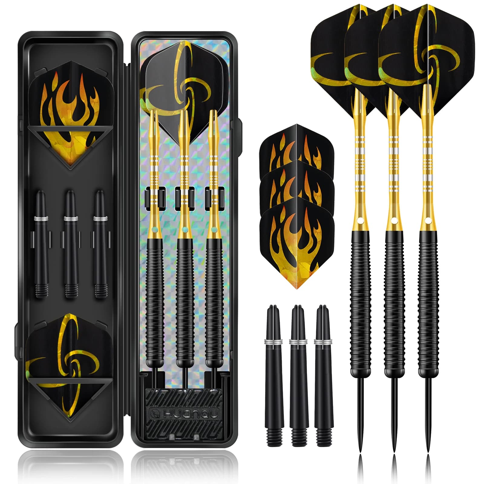 HUANQU 3Pcs Iron Steel Tip Darts Set 20g, 2BA Shaft, Textured Barrel, Standard Flights, Black Gold Flame Wings for Adults
