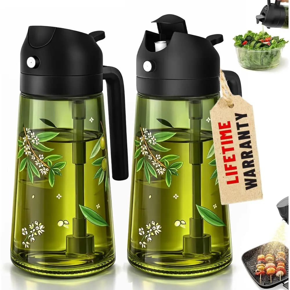 Set Dispenser Olio e Spruzzatore Cucina 2-in-1 - Bottiglie in Vetro Verde da 470ml per Olio e Aceto (Set da 2)