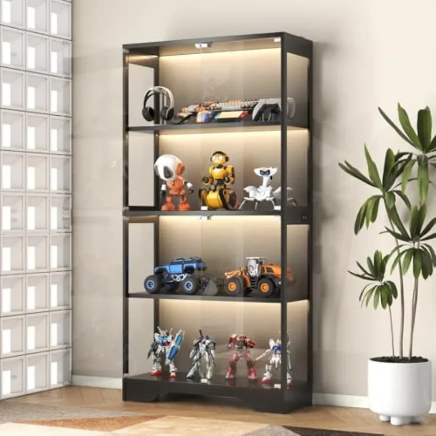 Display Cabinet with Glass Doors for Collectibles and Artwork Books, Black Metal and Wood, 63 Tall, 4-Tier with Color Lights an