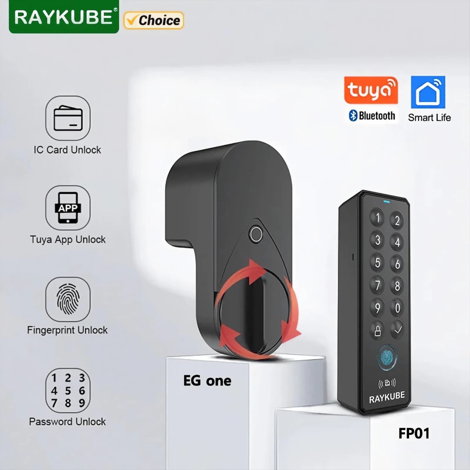 RAYKUBE EG one Tuya BLE Serratura elettronica intelligente + Kit FP01 con blocco wireless tramite impronta digitale e tastiera PIN – Nessuna perforazione richiesta