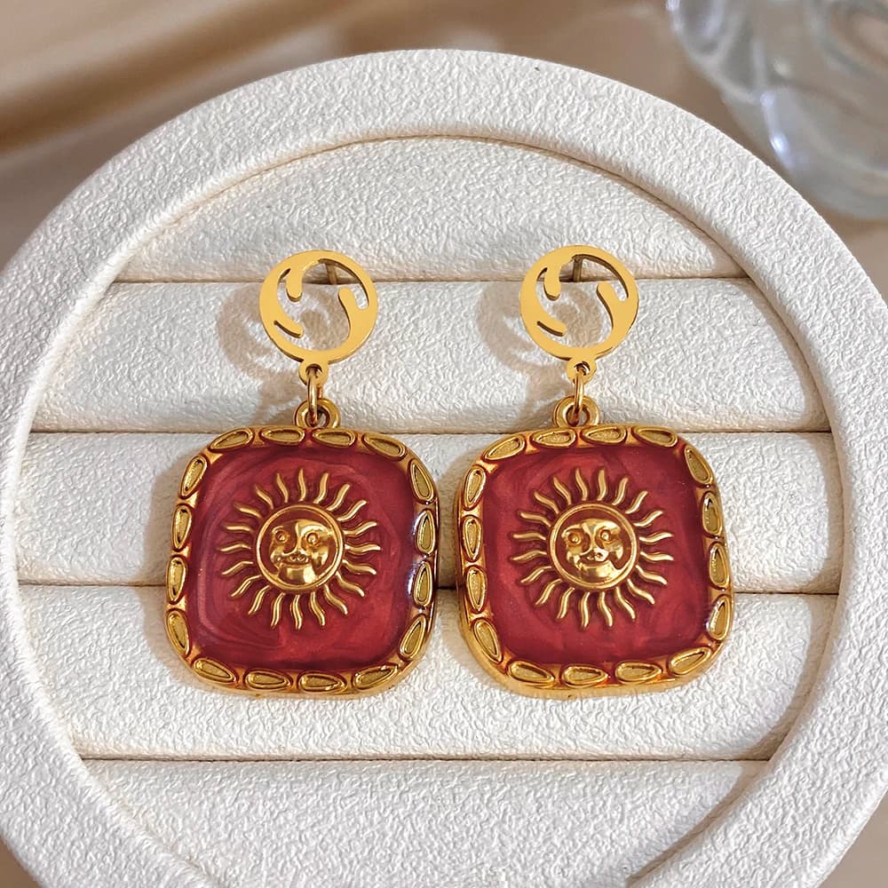 Flashbuy New Trend Texture Stainless Steel Earrings Red Enamel Sun Square Pendant Gold Color Statement Earrings Fashion Jewelry