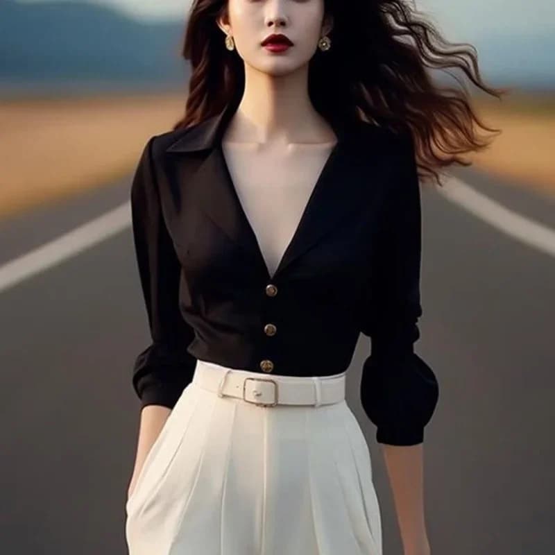 Nuova camicia francese in raso di fascia alta da donna primavera sexy scollo a V profondo manica a lanterna camicetta moda tinta unita top da donna da ufficio
