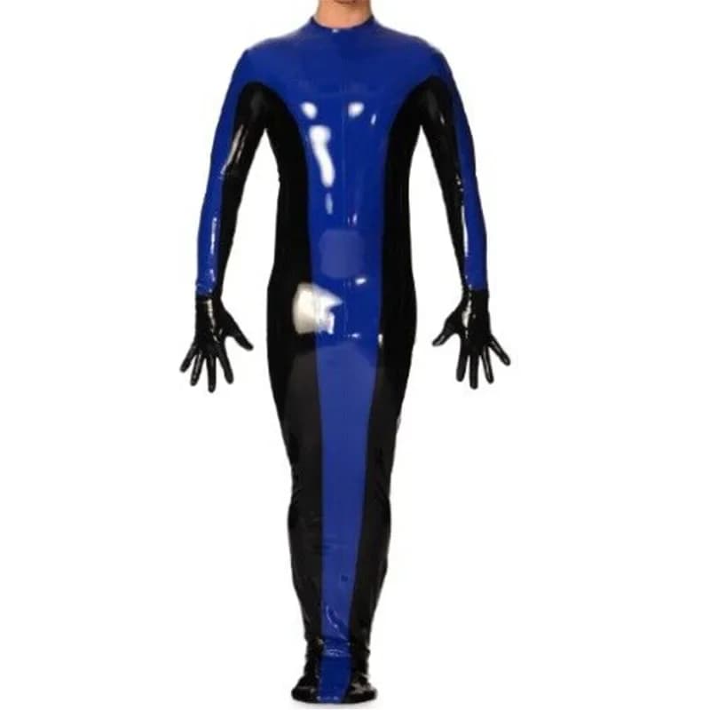 Catsuit con sacco a pelo in lattice personalizzato fatto a mano nero con guanti in gomma blu tuta per uomo cosplay