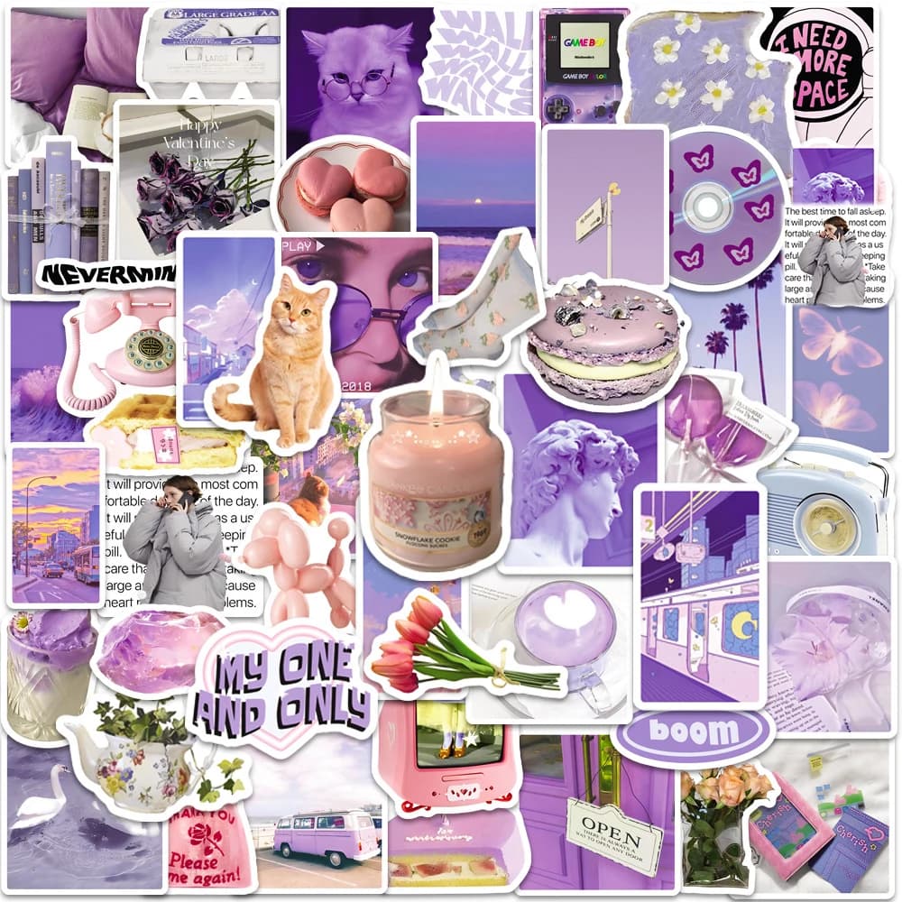 10/30/50pcs Ins Style Cute Art Purple Stickers Aesthetic Cartoon Cat Decals Laptop Phone Scrapbook Suitcase Decoration Sticker