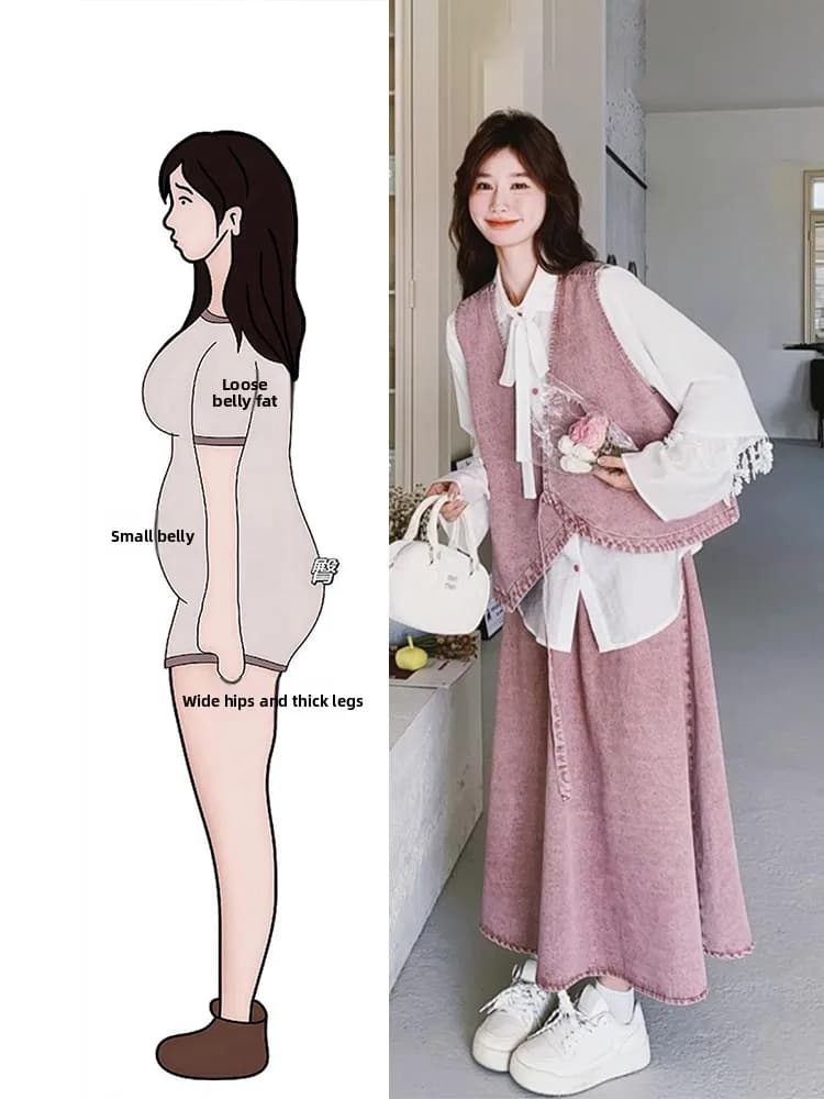 Pink Denim Vest irt f Skirt Tee-piece Set Spring Faion plus Size Women Gentle Sle Casual High Waist Polyester Fabric