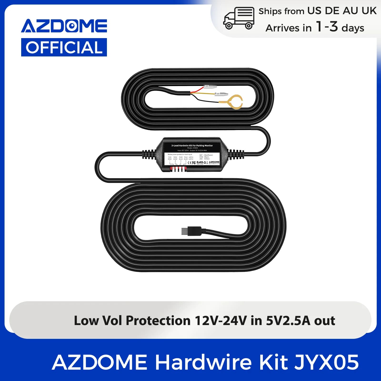 【Magazzini USA】Kit di cablaggio AZDOME JYX05 Tipo C per Dash Cam M550 Pro/M660/M300S/PG17 Max 12V-24V a 5V2.5A con protezione da bassa tensione