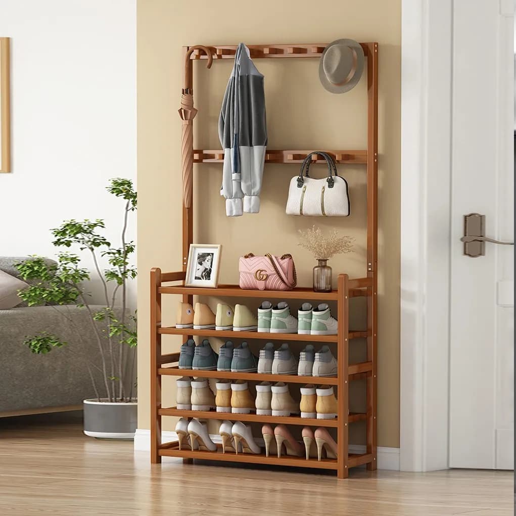 &185cm Large Wooden 5 Tiers Hall Tree Hat Coat Stand with 8 Hooks Clothes Shoe Rack Hanger Hooks Shelf Storage
