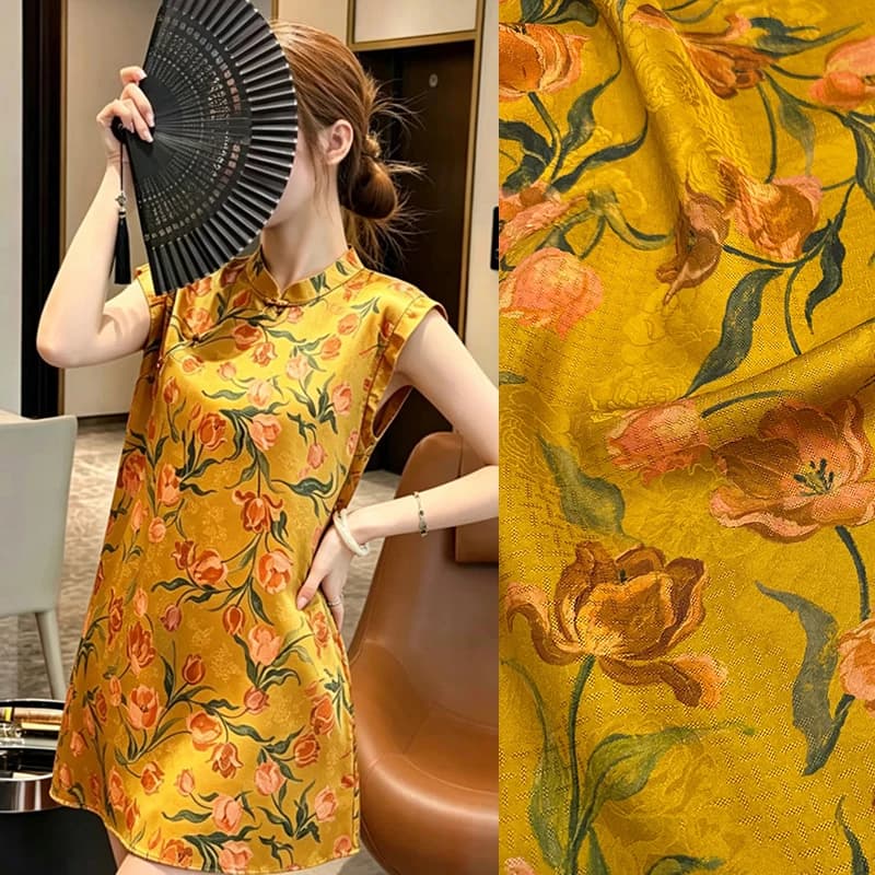 114CM Wide 26MM Orange Floral Printed Hole-through Hualuo Silk Fabric for DIY Sewing Yellow Blouse Pants Dress Pajamas R7102