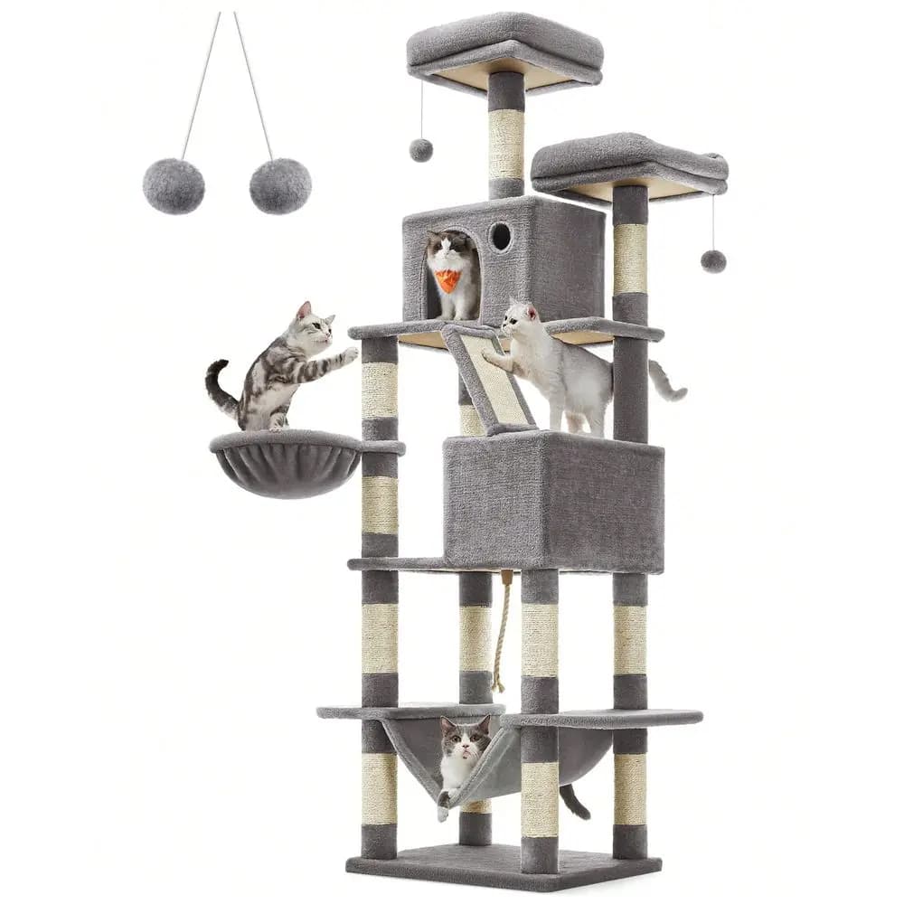 Albero per Gatti, Grande Torre per Gatti da 206 cm con 13 Posti di Riposo, 2 Poggiagambe, 2 Grotte, Cesto, Amaca, Pompon, Multi-Livello in Peluche