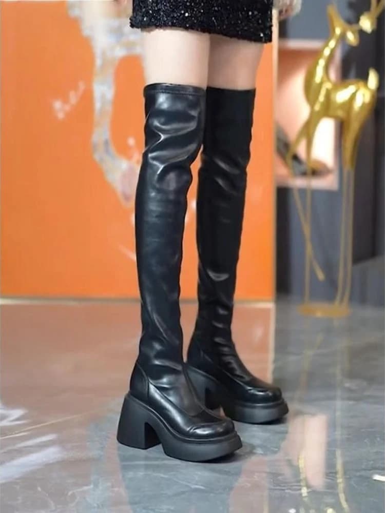 ​ Stivali da donna in morbida pelle slim fit sopra il ginocchio 2025 Nuovo stile coreano Tacco grosso Suola spessa Stivali invernali sexy con punta tonda ​