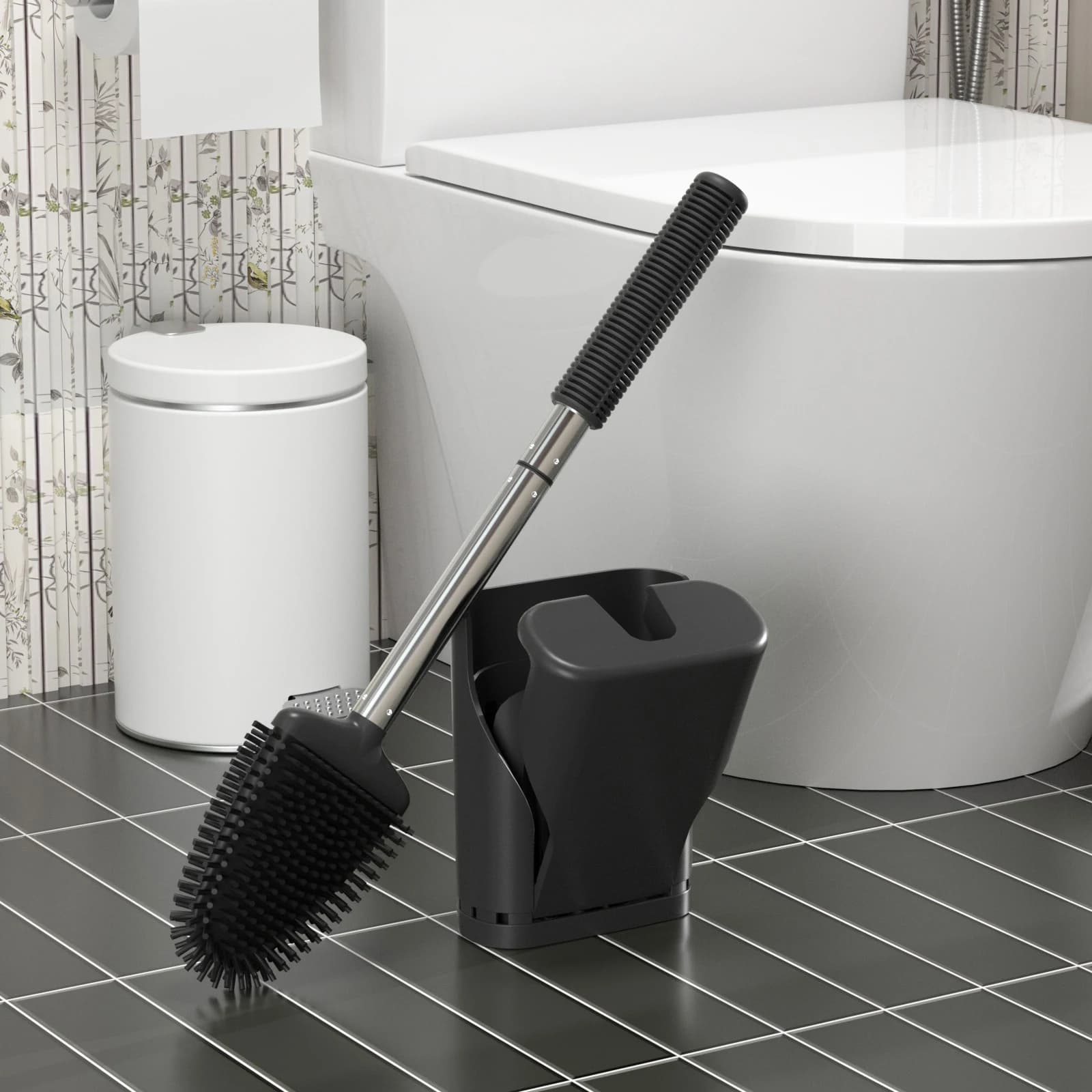 1 confezione di scopino per WC di tipo aperto e chiuso, scopino per WC in silicone per pulizia profonda, con manico antiscivolo e setole flessibili (nero)