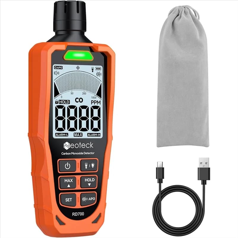 Rilevatore A73E-CO Allarme monossido di carbonio 1000 PPM (precisione 10%), avvisi visivi e sonori, soglie regolabili per la casa