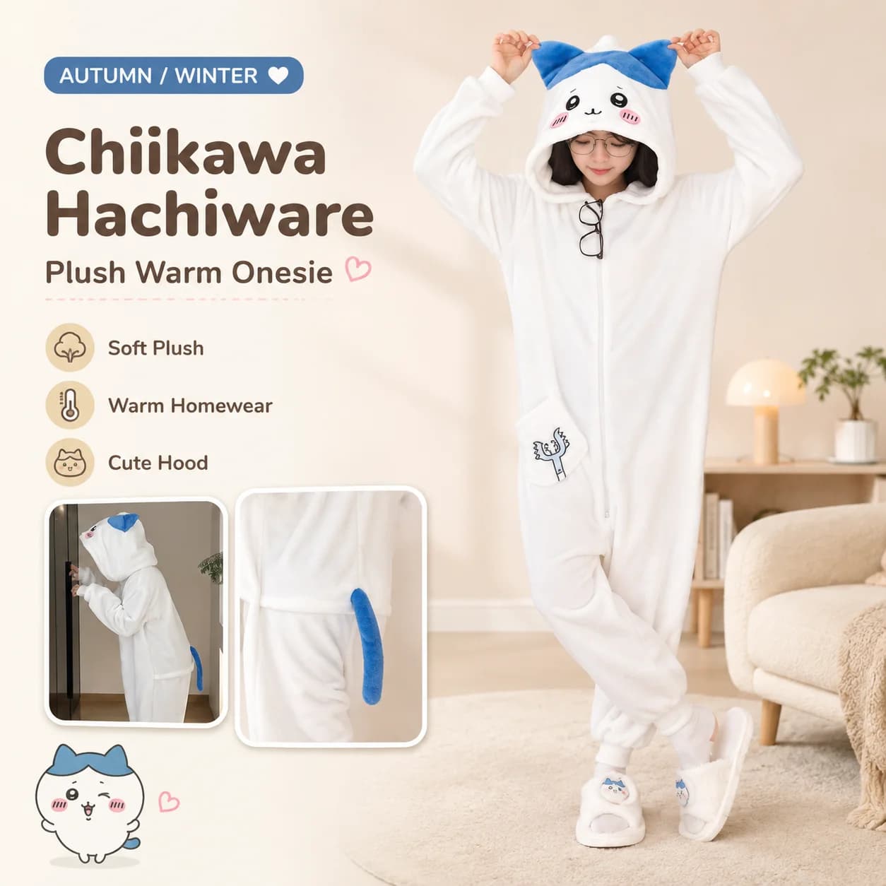 Chiikawa Hachiware Autumn Winter Warm Flannel Onesie Sleepwear Pajamas Halloween Cosplay Outfit Christmas New Year Cute Present