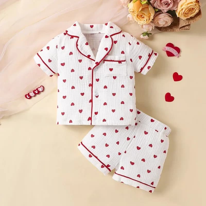 Nuova estate neonate ragazze pigiama set cotone lino cuore stampato manica corta cardigan pantaloncini 2 pezzi pigiama set bambini indumenti da notte