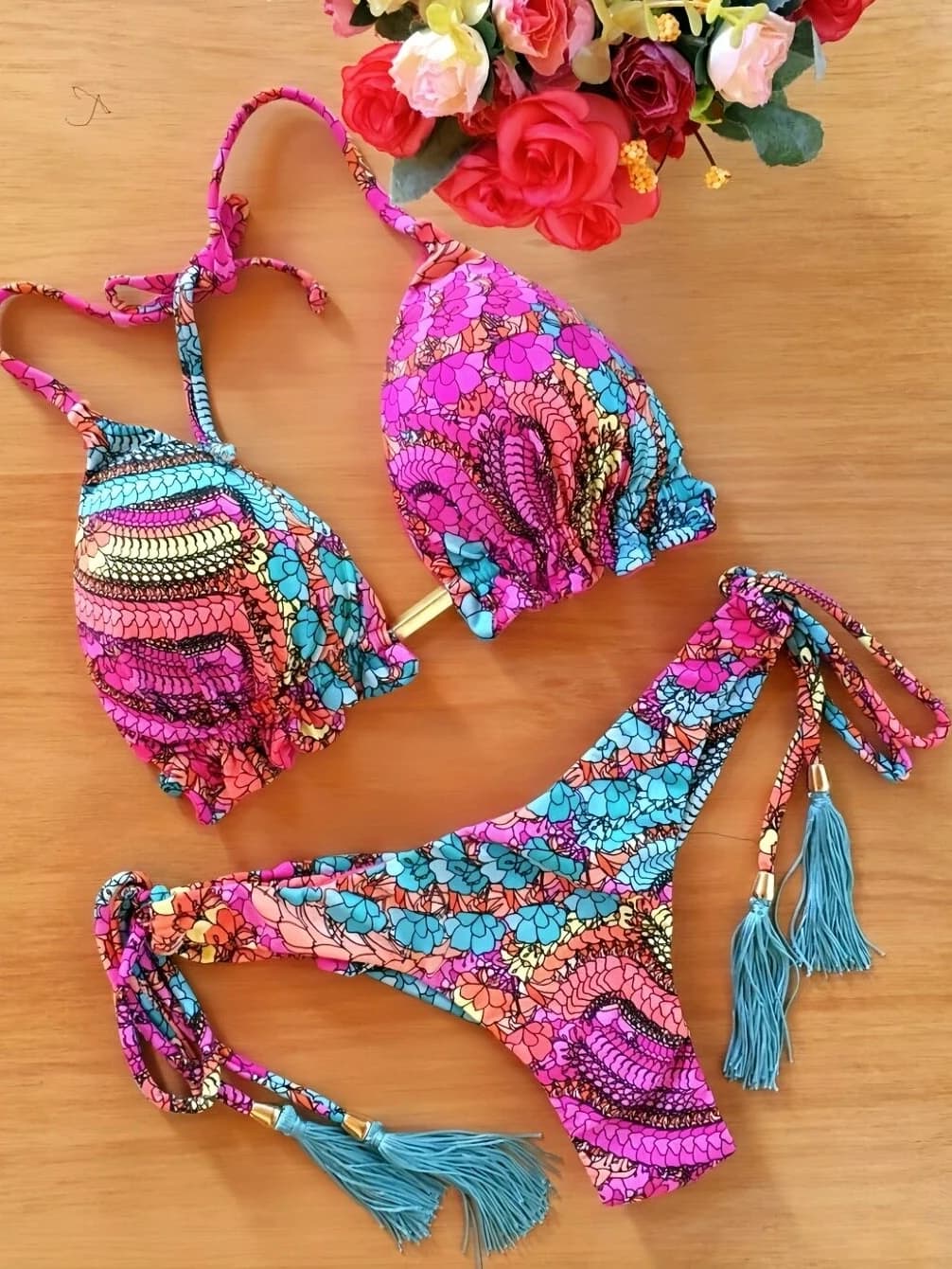 Costume da bagno bikini stampato sexy da donna, due pezzi, stile casual da surf con supporto in acciaio e imbottitura sul petto