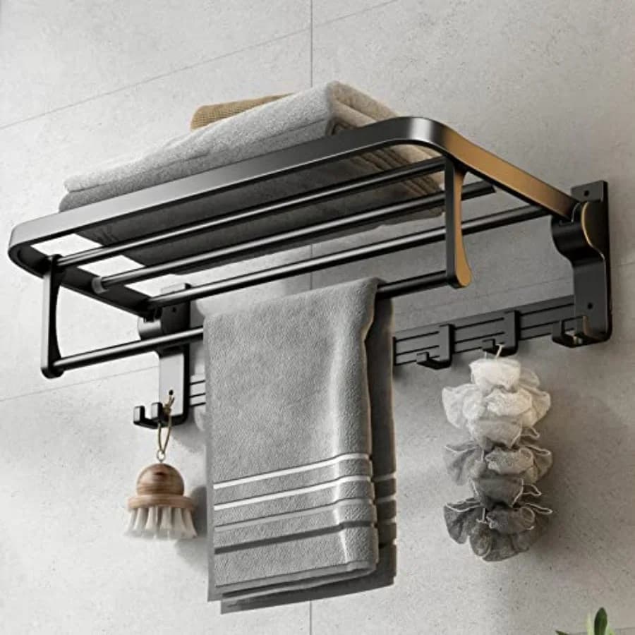 24 Inch Towel Rack with Towel Bar Holder Foldable Towel Shelf with Movable Hooks Rustproof Towel Storage Wall Mount for Bathroo