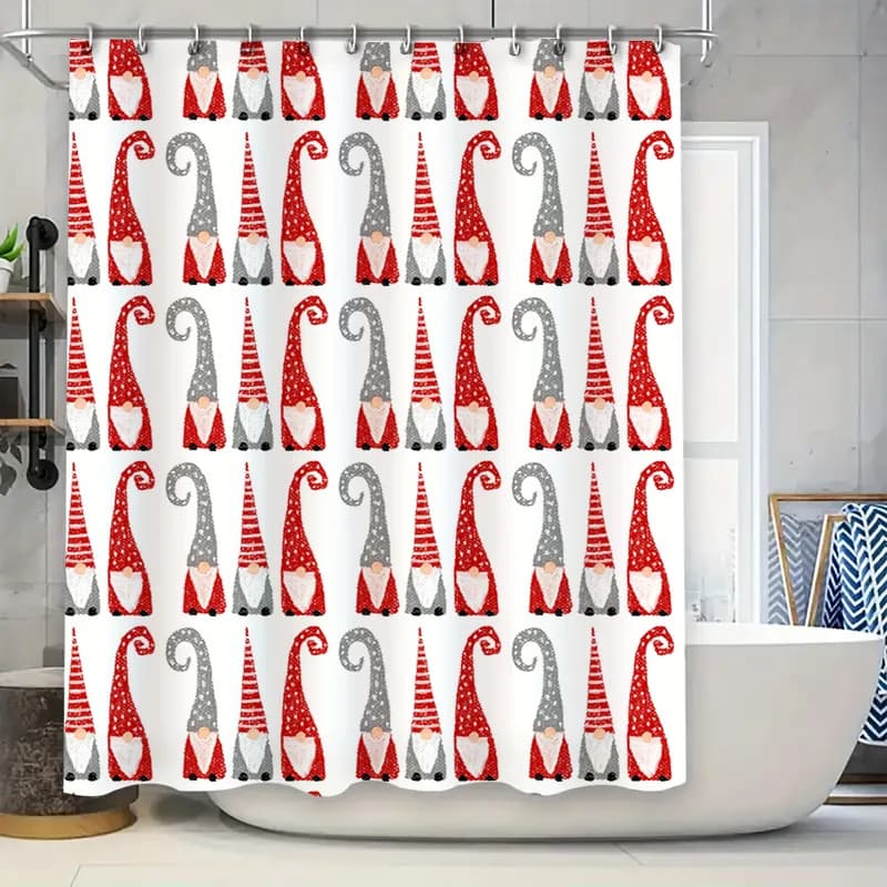 Tenda da doccia con motivo gnomo natalizio rosso grigio per la decorazione del bagno, accessori festivi per la casa