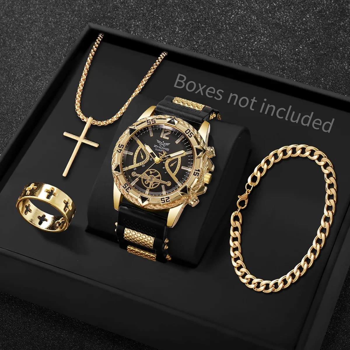 AAALuxury Sport Men Quartz Watch Jewelry Kit, Hollow Dial Gold Accent Wristwatch Matching Cross Jewelry Present For Boys