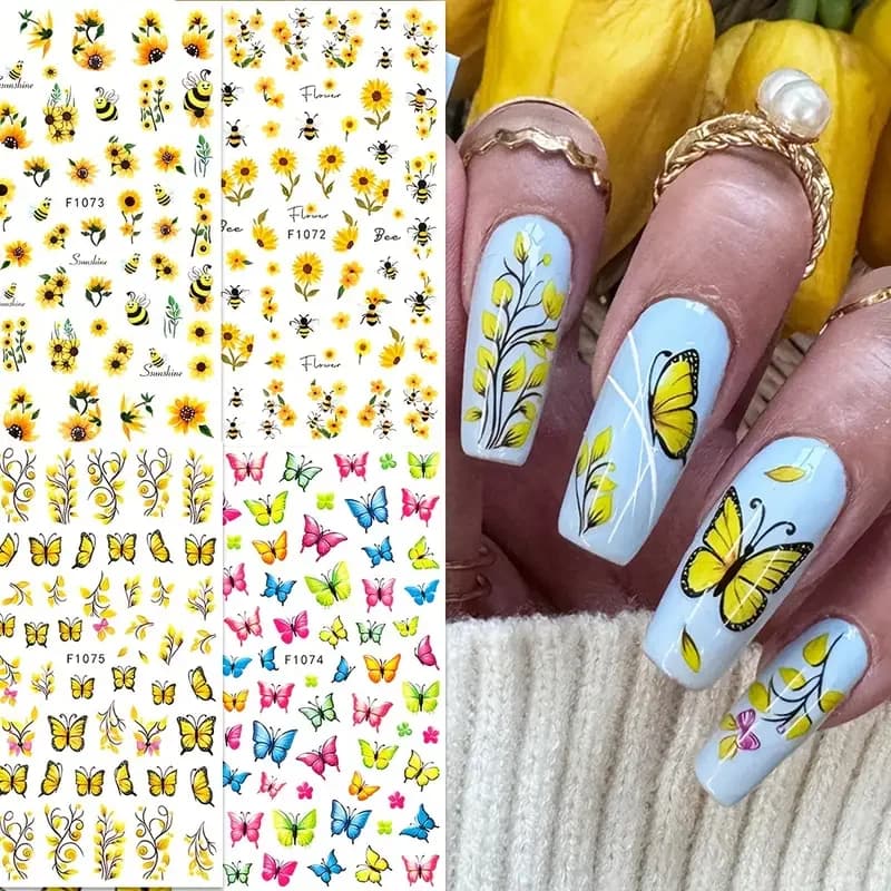 Set di adesivi per unghie nuovi fiori estivi con farfalla ape girasole rosa dente di leone bouquet stampa sulle unghie accessori per nail art fai da te