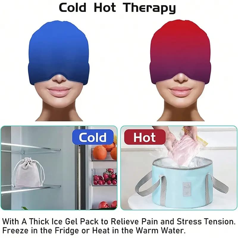 Cold gel hat for relief from headaches and migraine, cold compressed, ice pack therapy, eye mask to relieve pressure and pain.