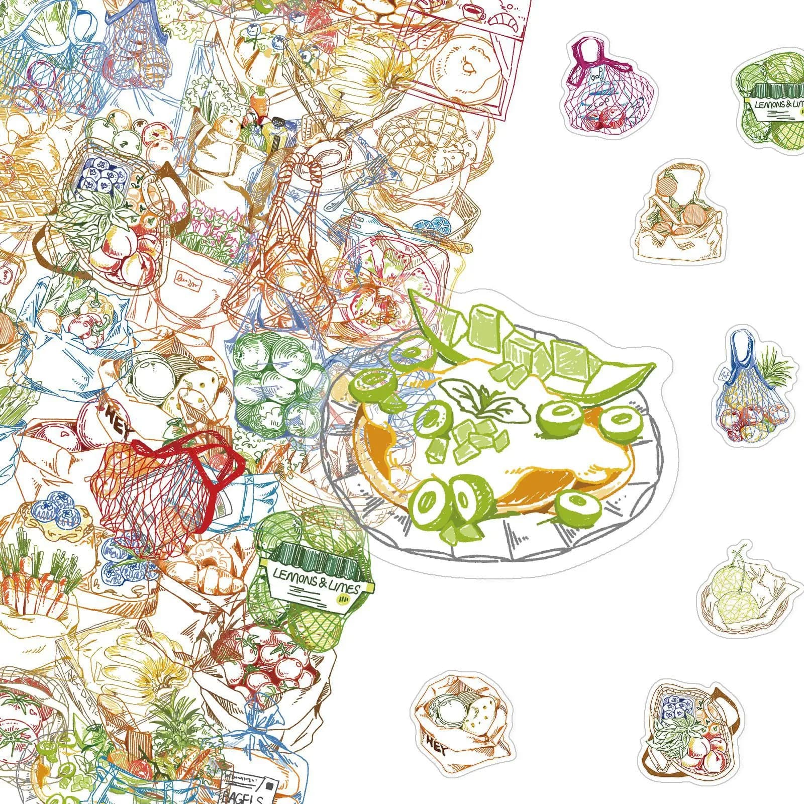 50 Pcs Cartoon Line Food Stickers Transparent Waterproof PET Fresh Hand Drawn Decals for Journal Laptop Phone Case Luggage Gift