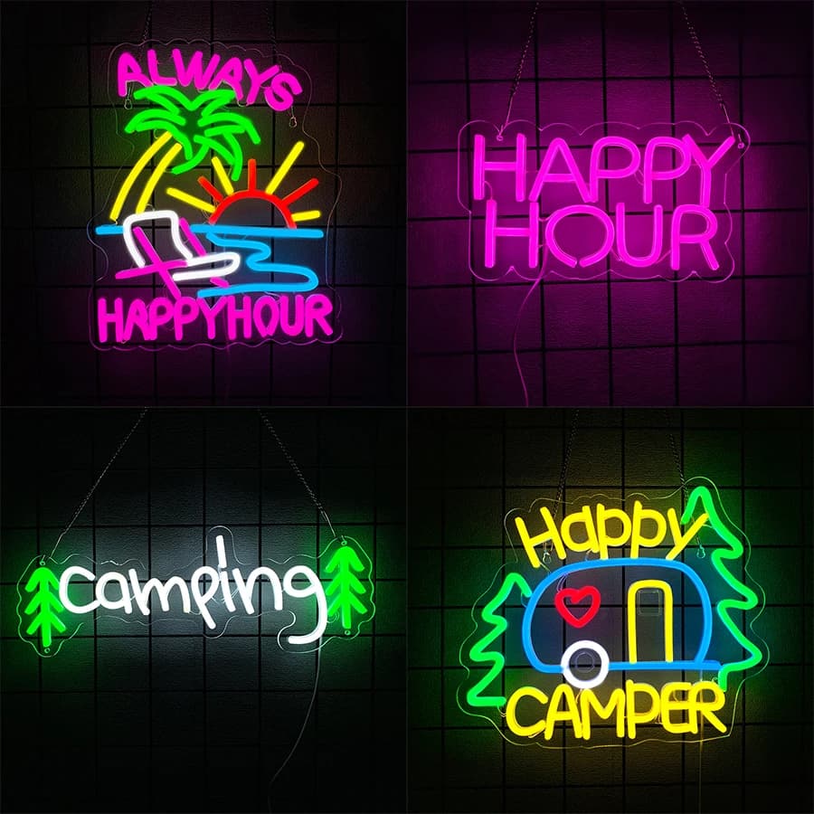 Insegna al neon a LED Happy Camper, lampada da parete per autobus e campeggio, auto da viaggio, bar, club, decorazione per feste a tema, il miglior regalo per gli amanti dell'aria aperta.