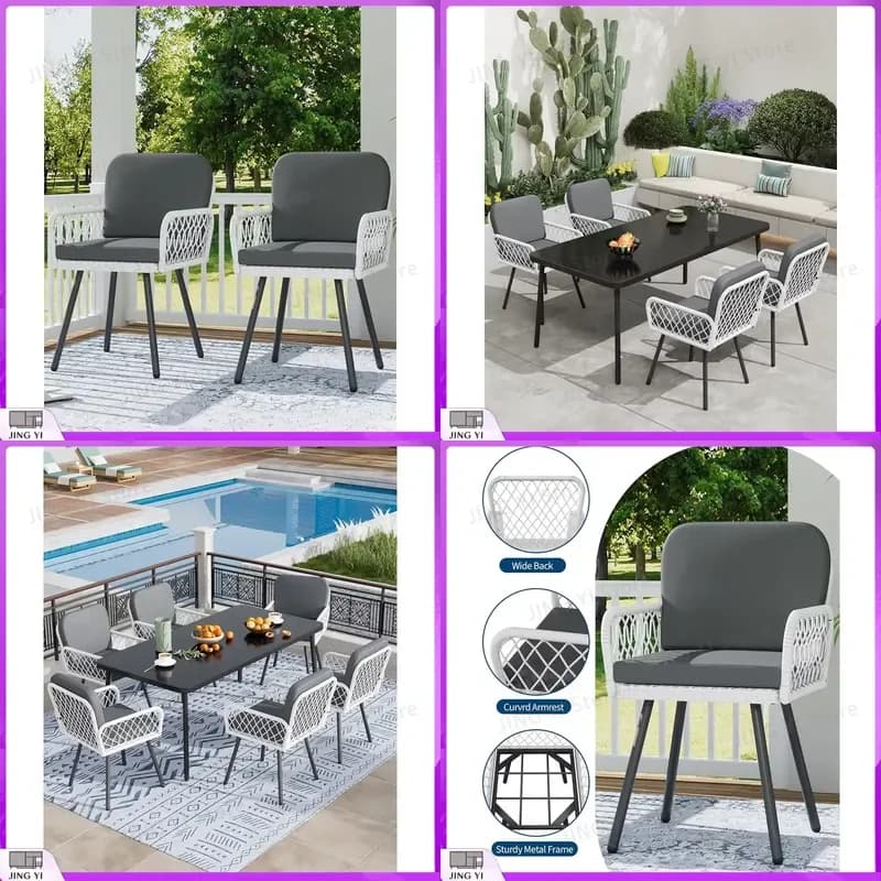 Set di 2 sedie da pranzo per patio esterno, poltrone in rattan intrecciato bianco con cuscini, struttura in metallo nero, sedute per balcone e giardino