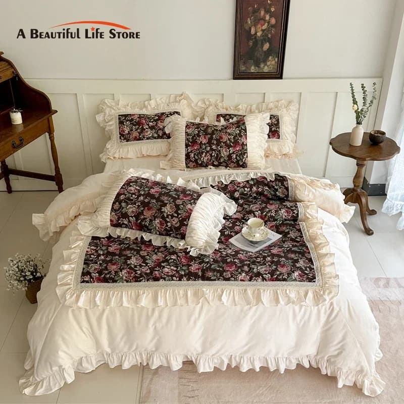 Set of bedding with flower pattern in French style, 100% cotton, volant, duvet, skirt, bed linen, bedspread, pillow, pillowcase