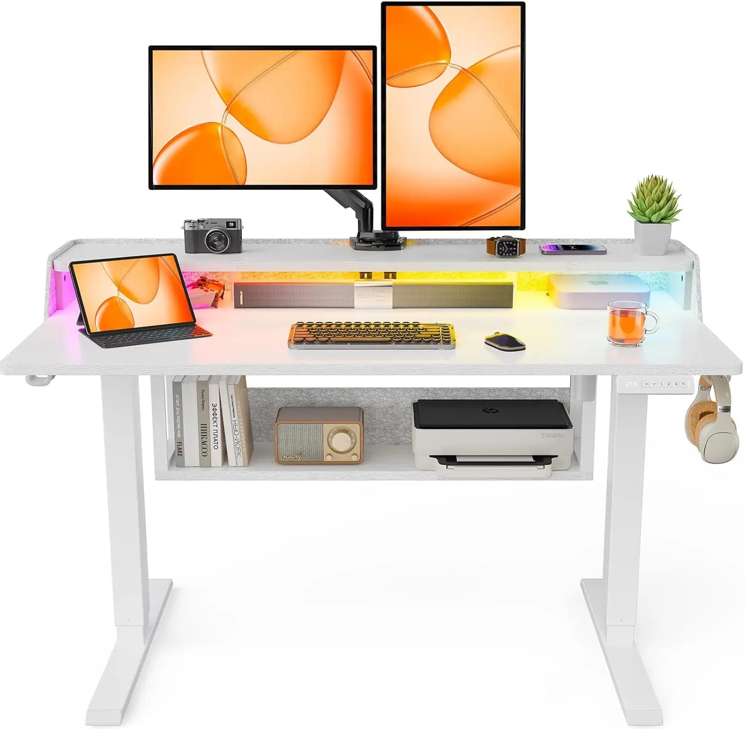 Scrivania Elettrica Regolabile in Altezza 48x24 con Libreria, Supporto Monitor, Striscia LED, per Casa, Ufficio, Gaming, Personalizzabile
